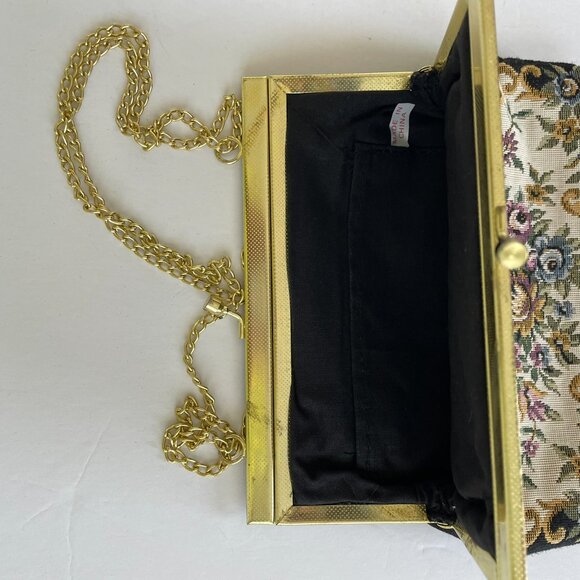 Vintage Needlepoint Bag with adjustable length chain Black with Floral Design - Picture 6 of 7